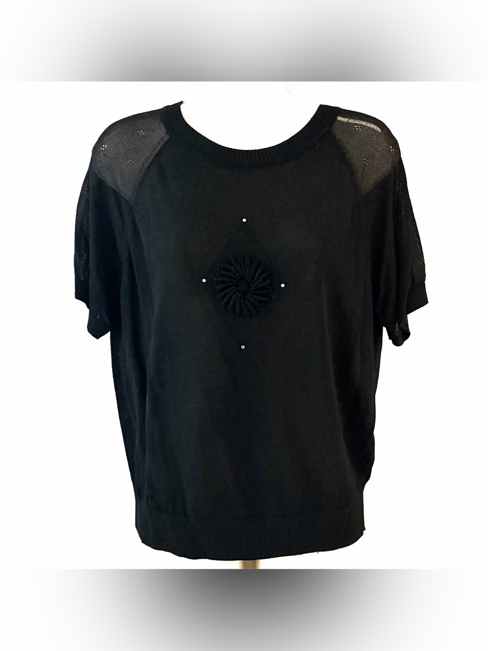 Women's Black Short Sleeve Knit Top with Center Rosette